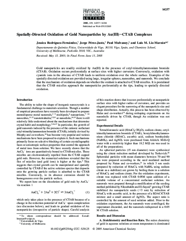 (PDF) Spatially-Directed Oxidation of Gold Nanoparticles by Au(III)− ...