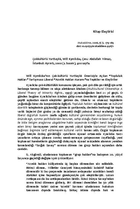 Will Kymlicka’nın Çokkültürlü Yurttaşlık Önerisiyle Açılan “Topluluk
