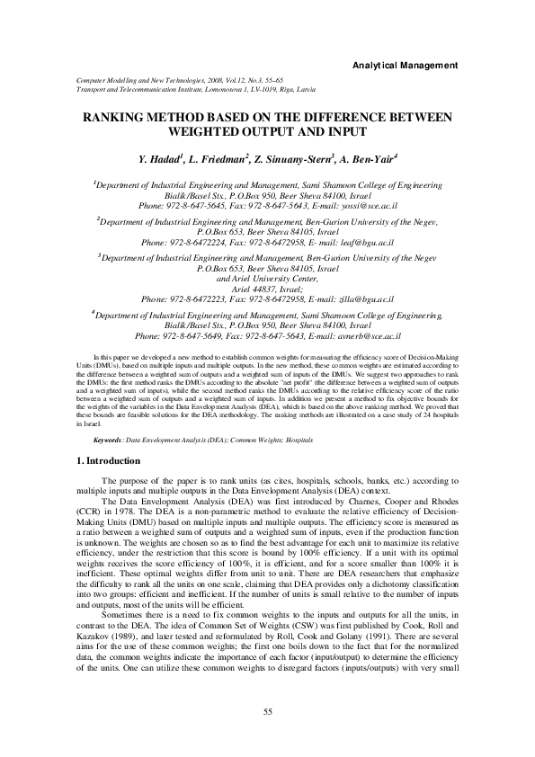 (PDF) Ranking Method Based on the Difference Between Weighted Output ...