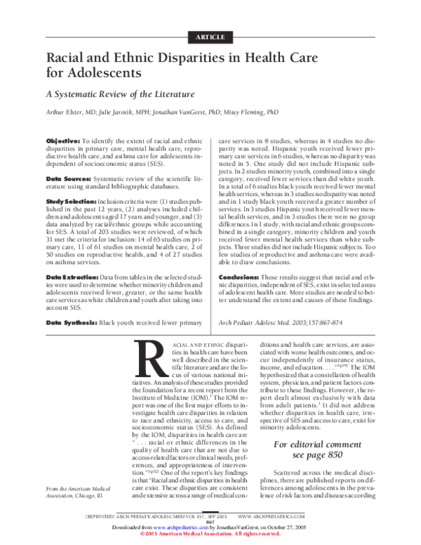 (PDF) Racial and Ethnic Disparities in Health Care for Adolescents