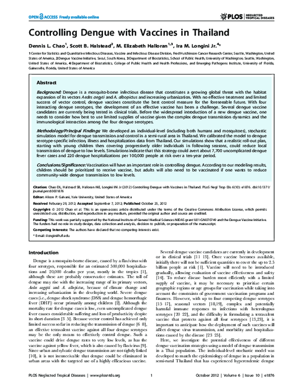 (PDF) Controlling Dengue with Vaccines in Thailand