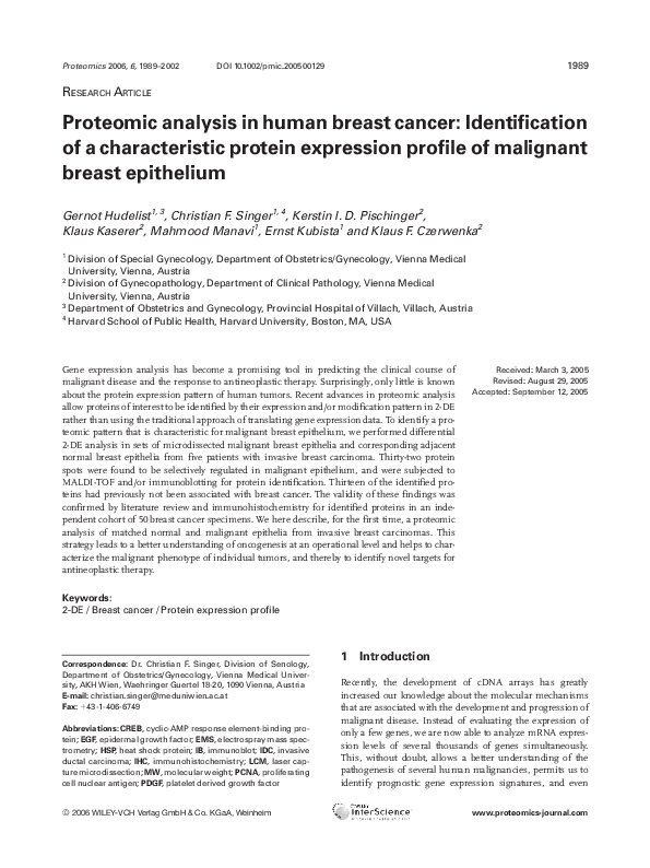 (PDF) Proteomic analysis in human breast cancer: Identification of a ...