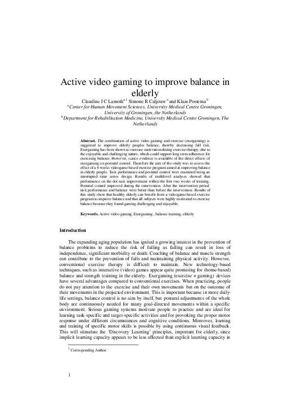 (PDF) Active video gaming to improve balance in the elderly