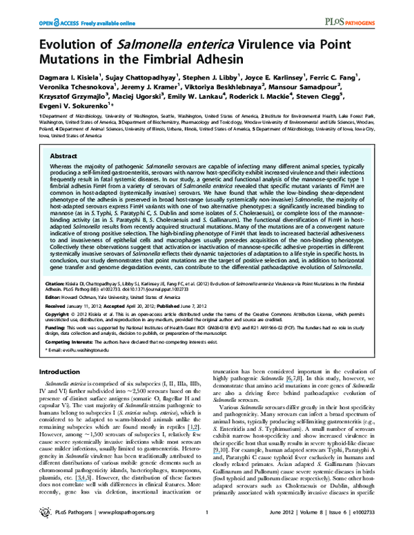 (PDF) Evolution of Salmonella enterica Virulence via point mutations in ...