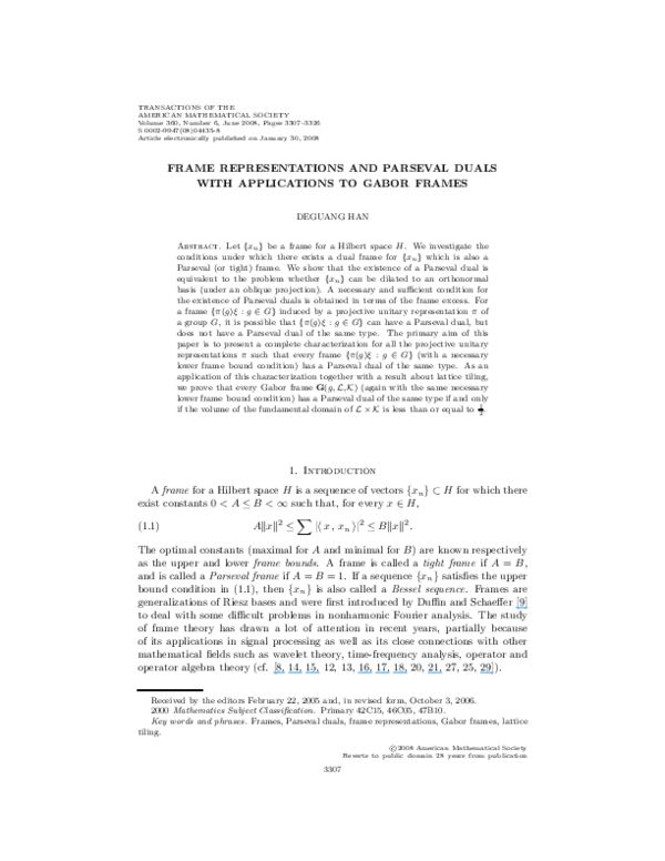 (PDF) Frame representations and Parseval duals with applications to