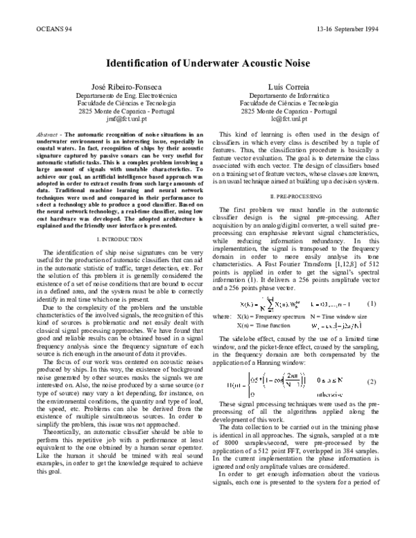 (PDF) Identification of Underwater Acoustic Noise