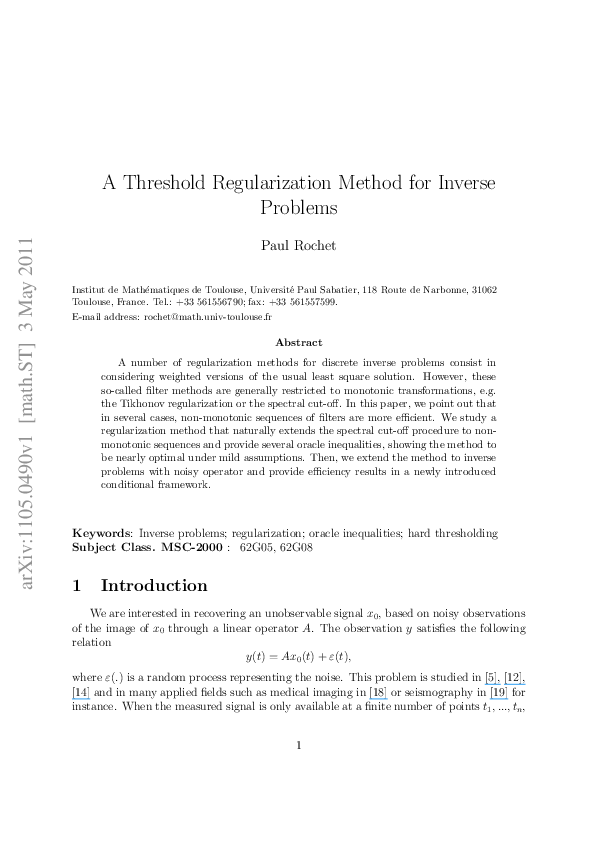(PDF) A Threshold Regularization Method for Inverse Problems