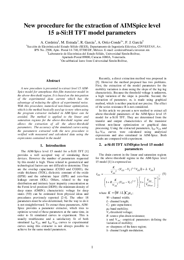 (PDF) New procedure for the extraction of AIMSpice level 15 aSi H TFT