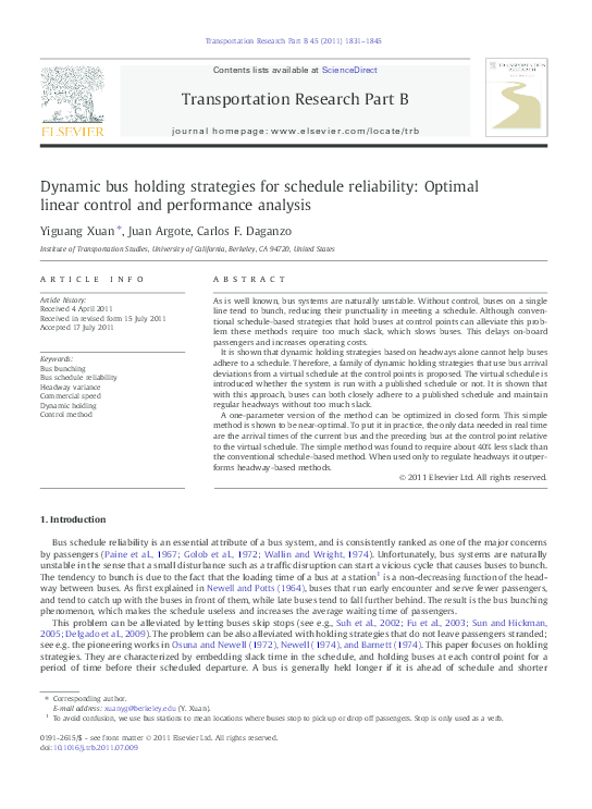 (PDF) Dynamic bus holding strategies for schedule reliability: Optimal ...