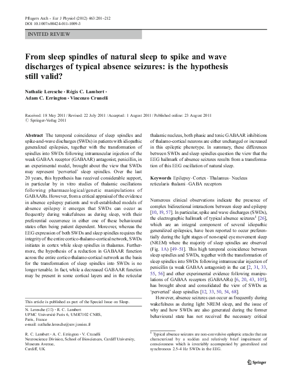(PDF) From sleep spindles of natural sleep to spike and wave discharges ...