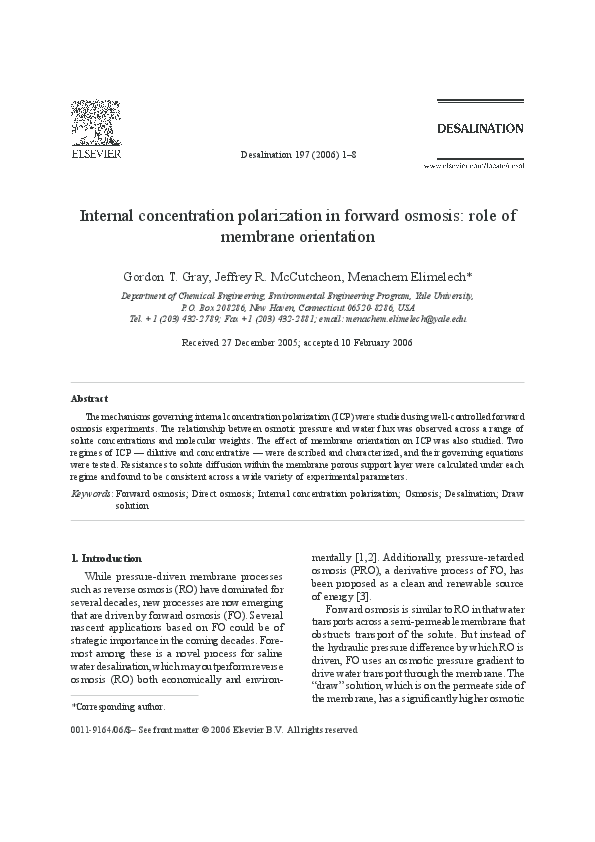 (PDF) Internal concentration polarization in forward osmosis: role of ...