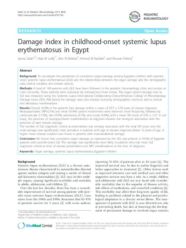 (PDF) Damage index in childhood-onset systemic lupus erythematosus in Egypt