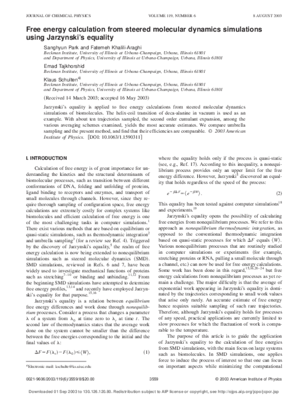 (PDF) Free energy calculation from steered molecular dynamics ...