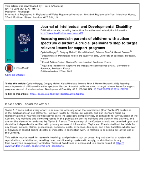 (PDF) Assessing needs in parents of children with autism spectrum ...