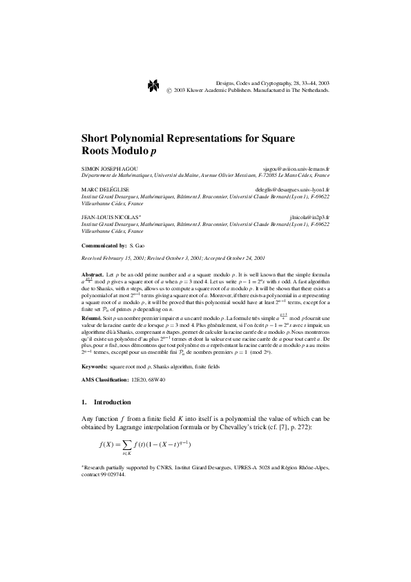 Pdf Short Polynomial Representations For Square Roots Modulo P