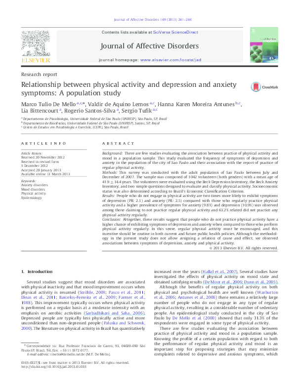 (PDF) Relationship between physical activity and depression and anxiety ...