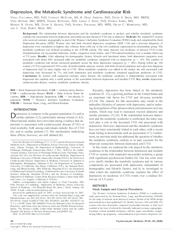 (PDF) Depression, the Metabolic Syndrome and Cardiovascular Risk