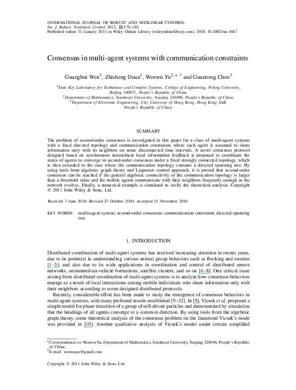 (PDF) Consensus in multi-agent systems with communication constraints