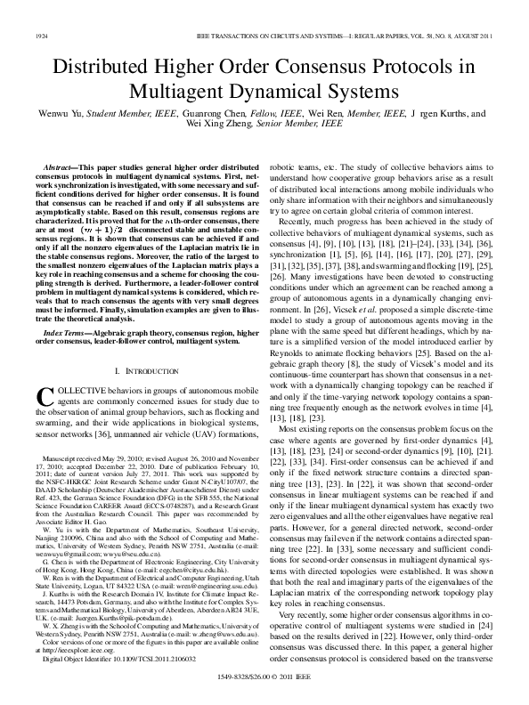 (PDF) Distributed Higher Order Consensus Protocols in Multiagent ...