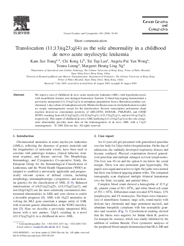 (PDF) Translocation (11;13)(q23;q14) as the sole abnormality in a ...