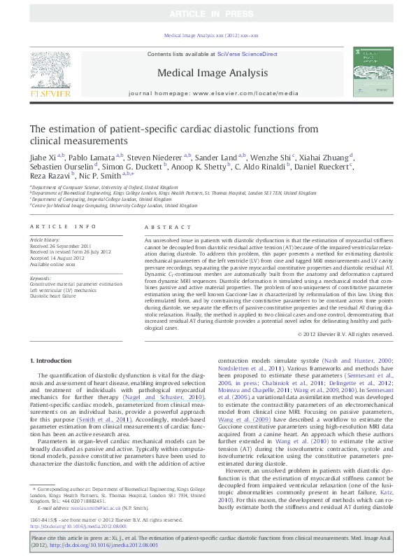 (PDF) The estimation of patient-specific cardiac diastolic functions ...