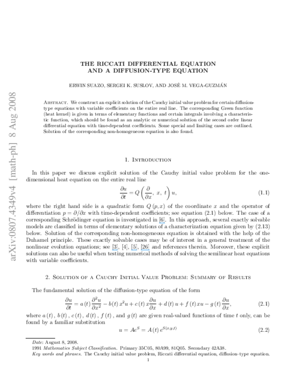 Pdf The Riccati Differential Equation And A Diffusion Type Equation