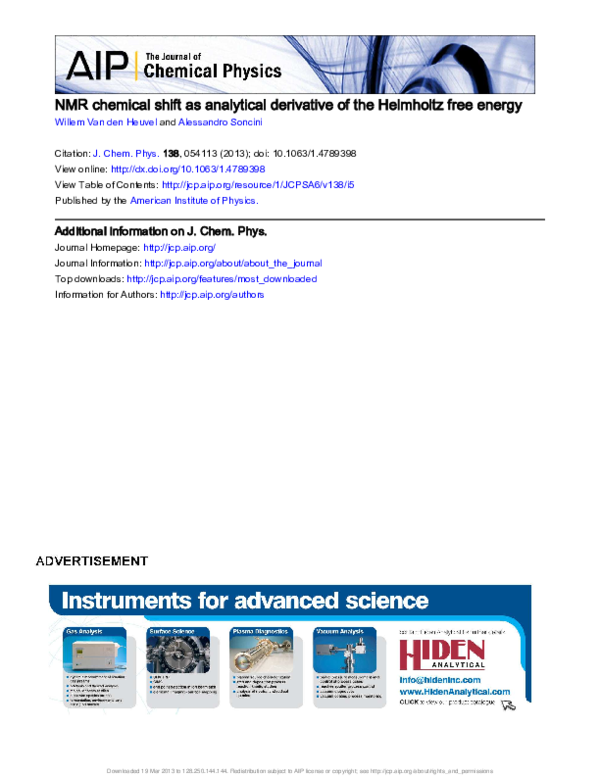 (PDF) NMR chemical shift as analytical derivative of the Helmholtz free ...