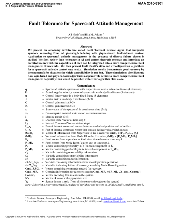 (PDF) Fault Tolerance for Spacecraft Attitude Management