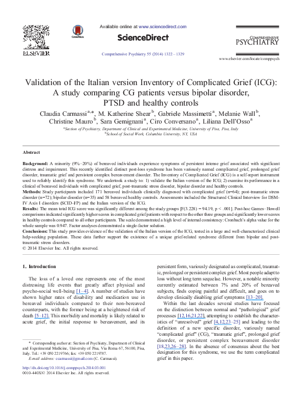 (PDF) Validation of the Italian version Inventory of Complicated Grief ...