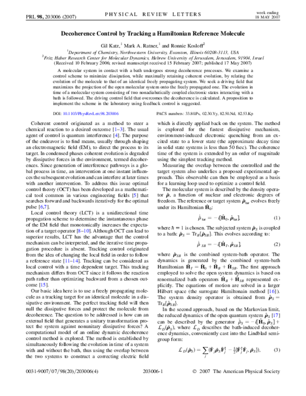 (PDF) Decoherence Control by Tracking a Hamiltonian Reference Molecule