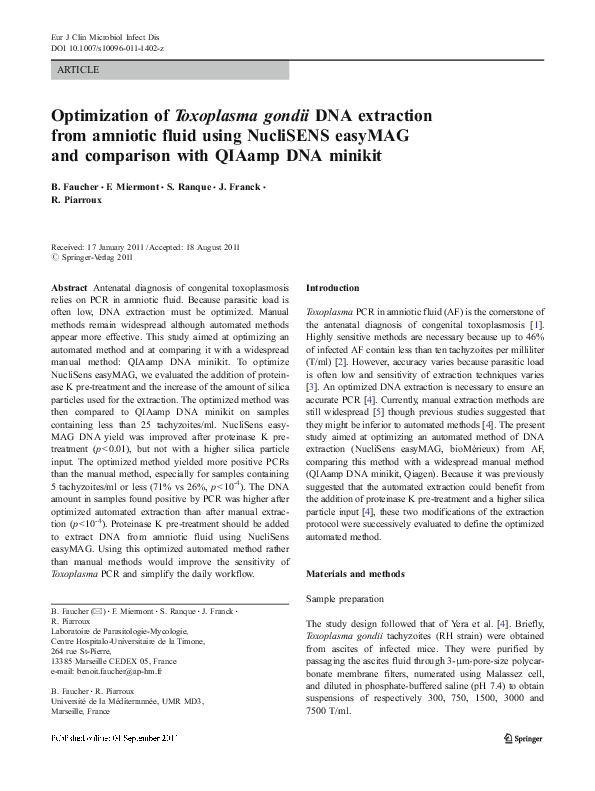 (PDF) Optimization of Toxoplasma gondii DNA extraction from amniotic ...