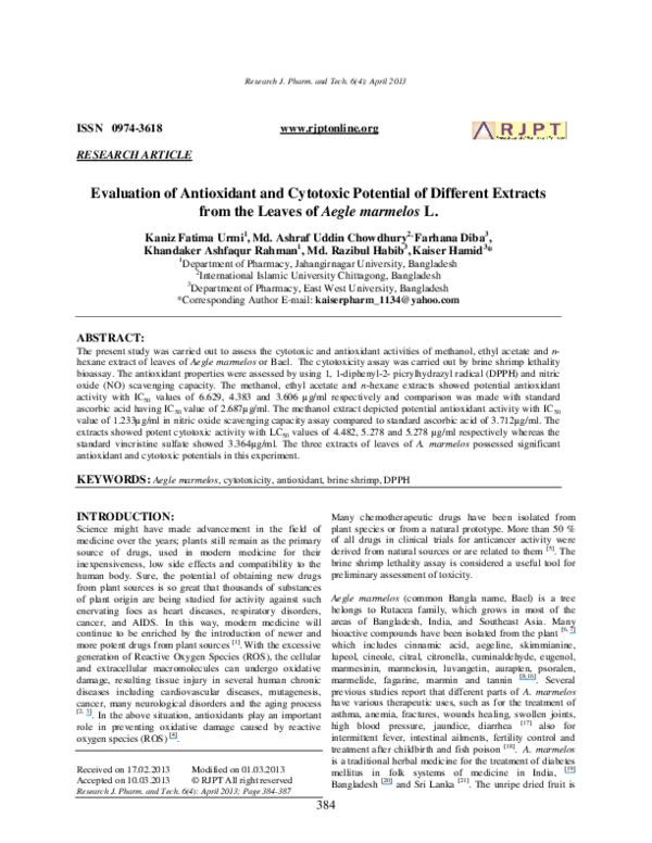 (PDF) Evaluation of Antioxidant and Cytotoxic Potential of Different ...