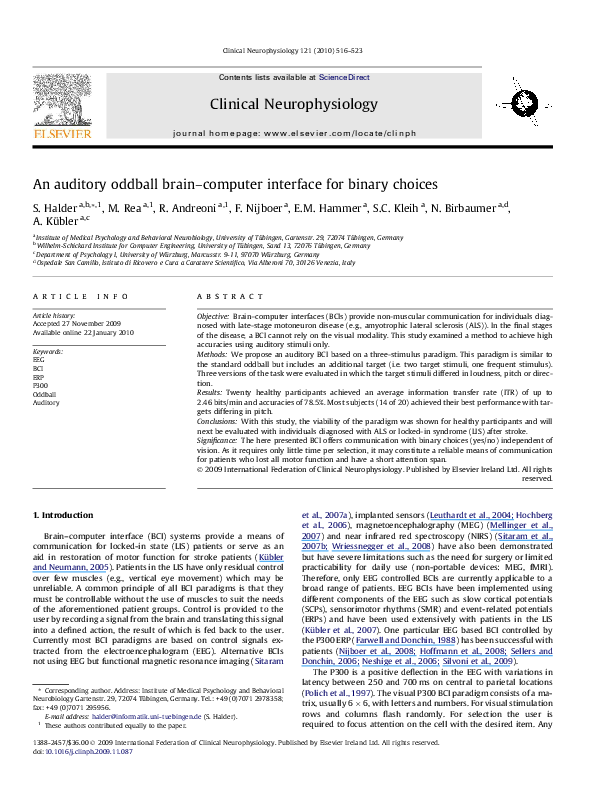 (PDF) An auditory oddball brain–computer interface for binary choices
