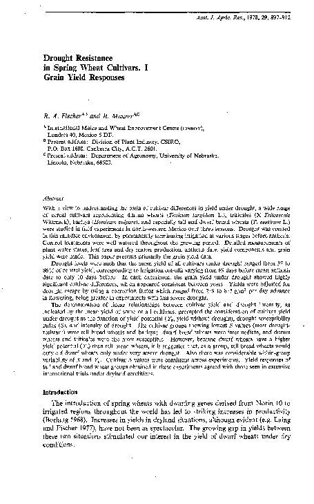(PDF) Drought Resistance in Spring Wheat Cultivars. I Grain Yield Responses