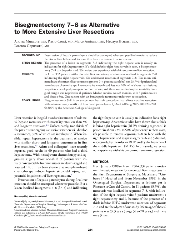 (PDF) Bisegmentectomy 7–8 as alternative to more extensive liver resections