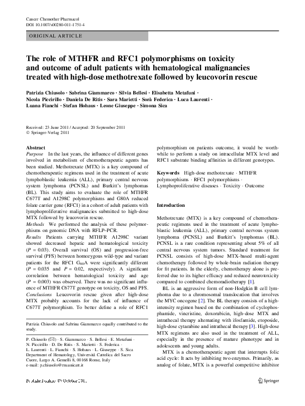 (PDF) The role of MTHFR and RFC1 polymorphisms on toxicity and outcome ...