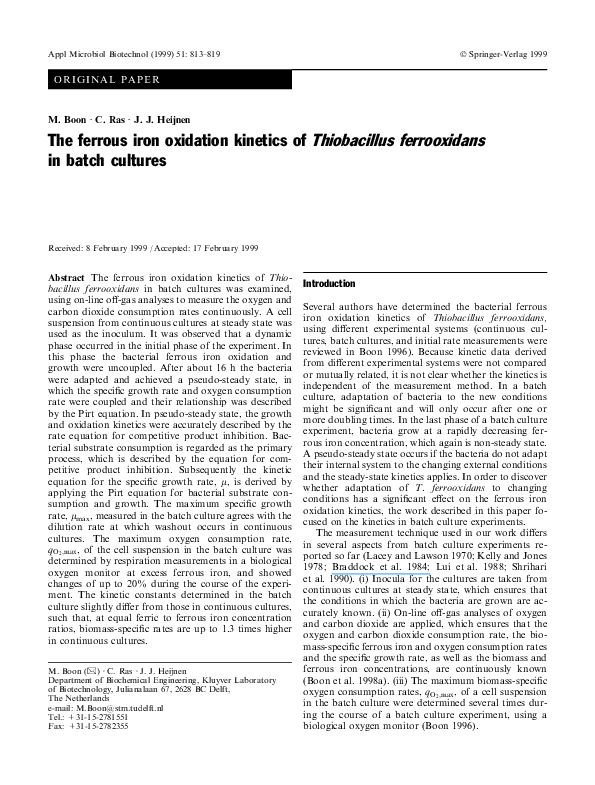 (PDF) The ferrous iron oxidation kinetics of Thiobacillus ferrooxidans ...