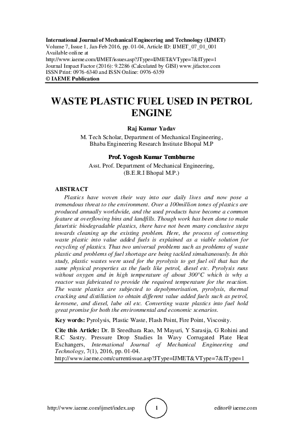 Pdf Waste Plastic Fuel Used In Petrol Engine Iaeme Publication Academia Edu
