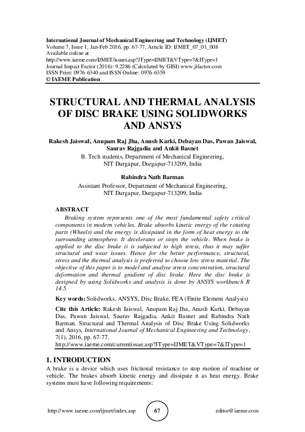 (PDF) STRUCTURAL AND THERMAL ANALYSIS OF DISC BRAKE USING SOLIDWORKS