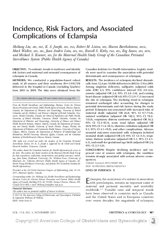 (PDF) Incidence, Risk Factors, and Associated Complications of Eclampsia