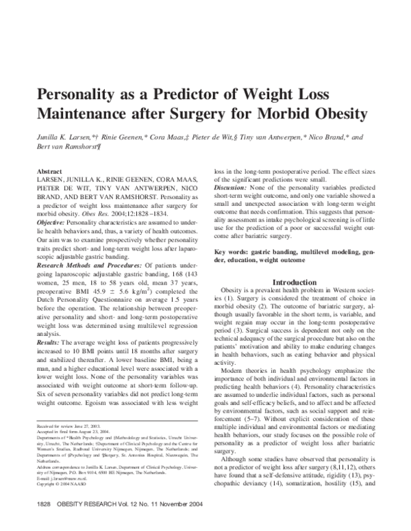 (PDF) Personality as a Predictor of Weight Loss Maintenance after ...