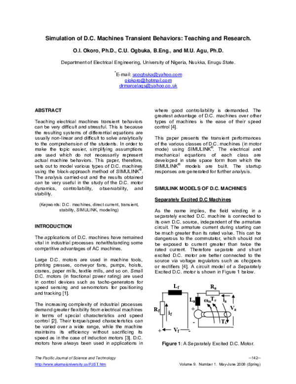 (PDF) Simulation of D.C. Machines Transient Behaviors: Teaching and ...
