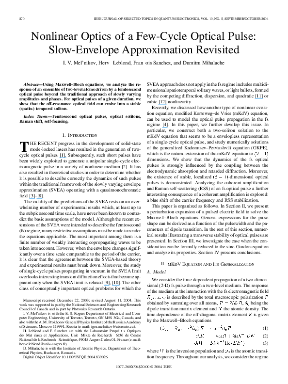 (PDF) Nonlinear Optics of a Few-Cycle Optical Pulse: Slow-Envelope ...