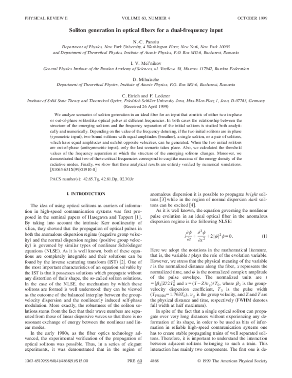 (PDF) Soliton generation in optical fibers for a dual-frequency input