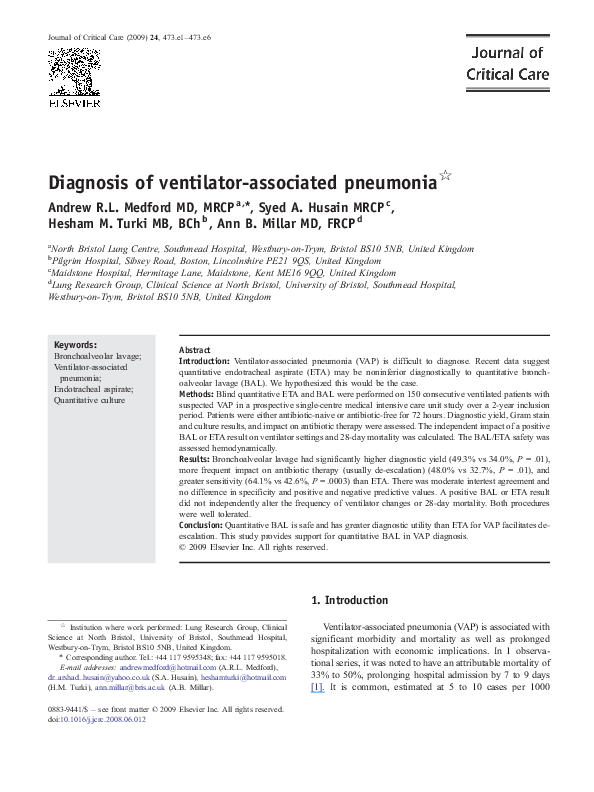 (PDF) Diagnosis of ventilatorassociated pneumonia Andrew Medford
