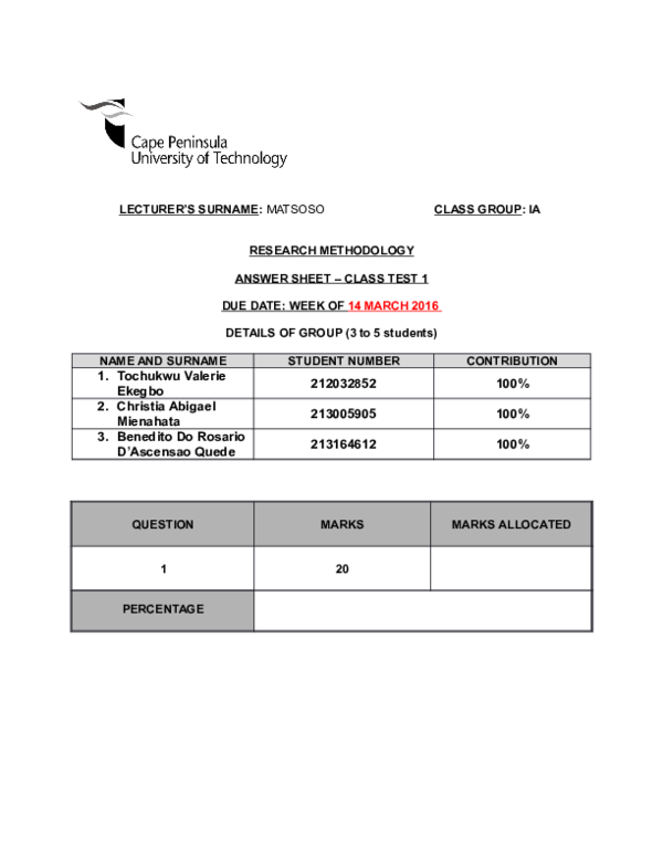 (DOC) CLASS TEST 1 ANSWERS