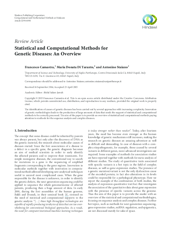 (PDF) Statistical and Computational Methods for Genetic Diseases: An ...