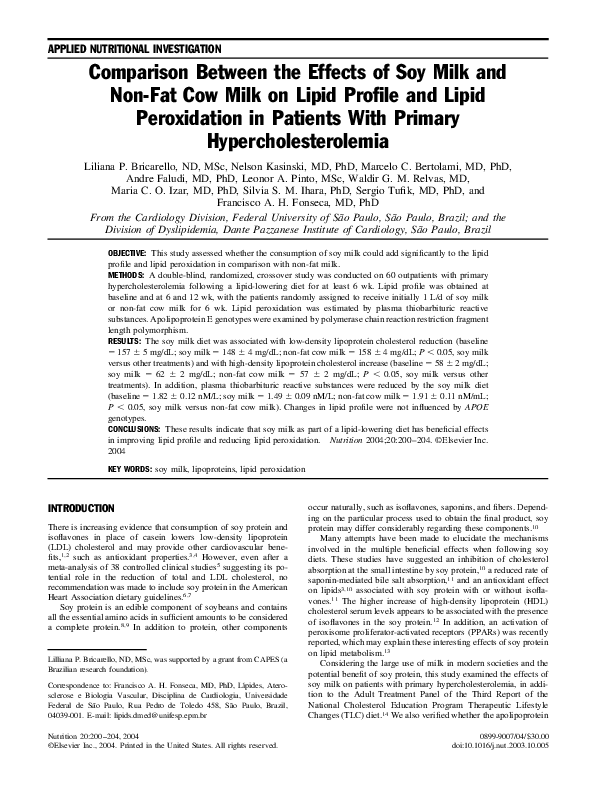 (PDF) Comparison between the effects of soy milk and nonfat cow milk
