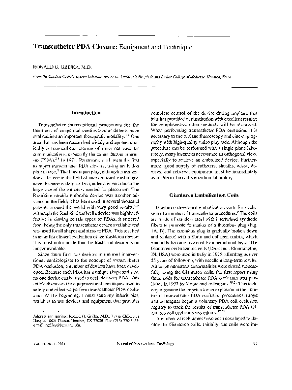 (PDF) Transcatheter PDA Closure Equipment and Technique Ronald Grifka Academia.edu