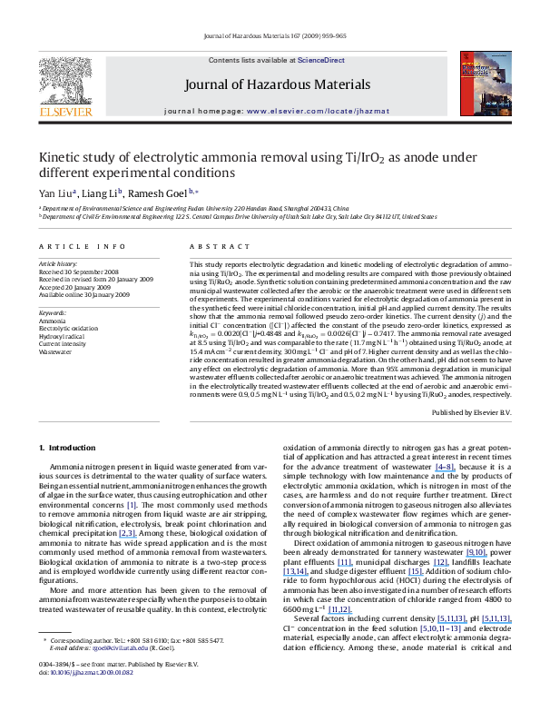(PDF) Kinetic study of electrolytic ammonia removal using Ti/IrO2 as ...